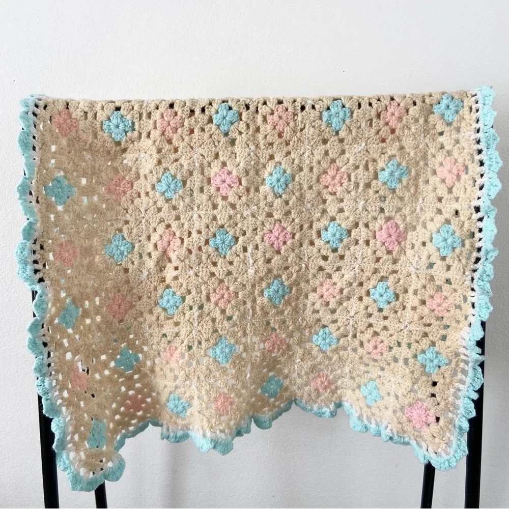 Vintage crochet knit throw blanket pastel baby nursery